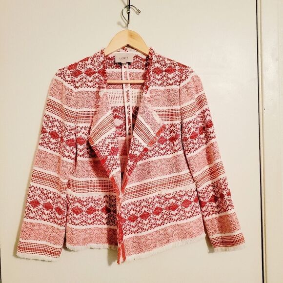 Loft Festive White & Red Open Blazer/Cardigan Size 4 - Picture 3 of 10